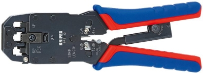 Инструмент за кримпване на RJ45, RJ11 и RJ10, заголване и рязане, синьо-червена ръкохватка 200мм, с пружина, Knipex