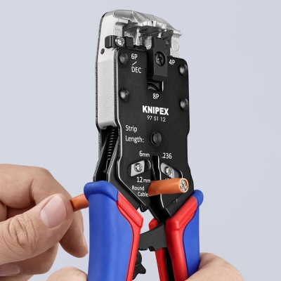 Инструмент за кримпване на RJ45, RJ11 и RJ10, заголване и рязане, синьо-червена ръкохватка 200мм, с пружина, Knipex