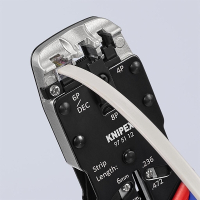 Инструмент за кримпване на RJ45, RJ11 и RJ10, заголване и рязане, синьо-червена ръкохватка 200мм, с пружина, Knipex
