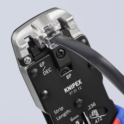 Инструмент за кримпване на RJ45, RJ11 и RJ10, заголване и рязане, синьо-червена ръкохватка 200мм, с пружина, Knipex