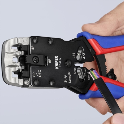 Инструмент за кримпване на RJ45, RJ11 и RJ10, заголване и рязане, синьо-червена ръкохватка 200мм, с пружина, Knipex
